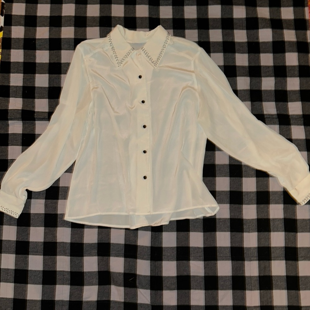 Vintage white button down with black and white beadwork